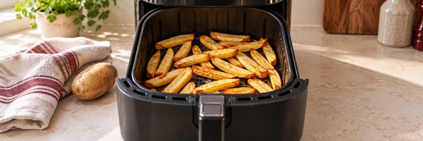 Aardappelfrietjes met ruimte ertussen in een airfryermand