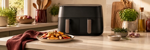 Airfryer op een keukenaanrecht met een bereid gerecht