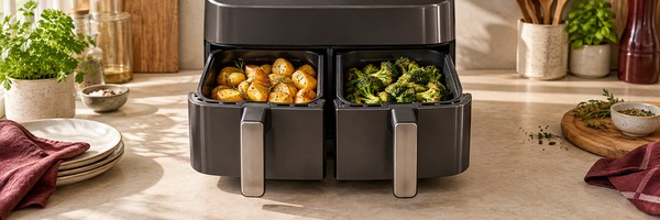 Aardappelen en broccoli in afzonderlijke airfryerlades